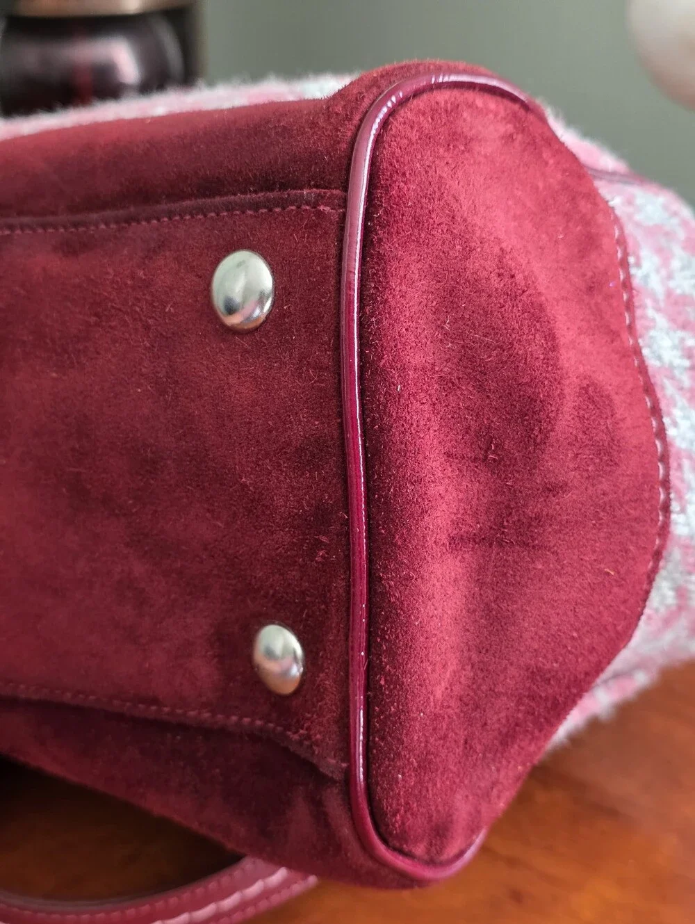 Coach 7480 Hamptons Houndstooth Suede Wool Satchel Pink Burgundy Y2K